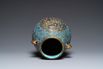 A Chinese 'robin's egg and imitation bronze'-glazed 'hu' vase, Qianlong mark, 19th C.