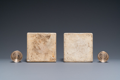 A pair of Chinese square Imari-style bottles with silver lids, Kangxi