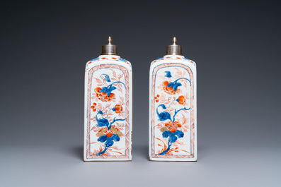 A pair of Chinese square Imari-style bottles with silver lids, Kangxi