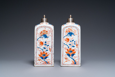 A pair of Chinese square Imari-style bottles with silver lids, Kangxi
