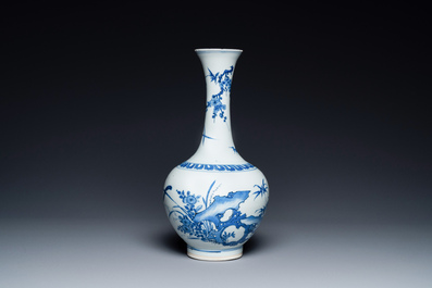 A rare Chinese blue and white bottle vase with a tiger and two butterflies, Transitional period