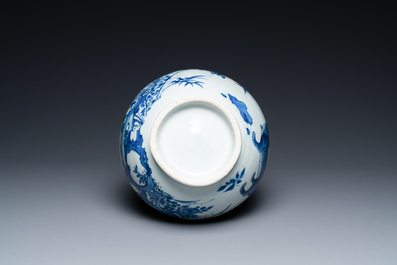 A rare Chinese blue and white bottle vase with a tiger and two butterflies, Transitional period