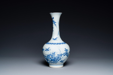 A rare Chinese blue and white bottle vase with a tiger and two butterflies, Transitional period