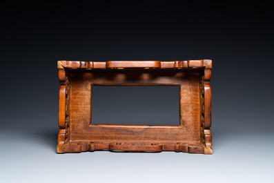 A Chinese rectangular blue-glazed jardini&egrave;re on wooden stand, 19th C.