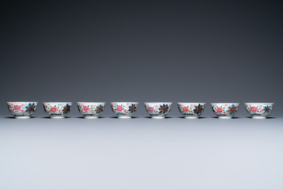 Thirteen Chinese famille rose saucers and twelve cups, Qianlong
