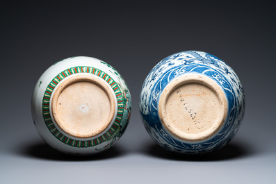A Chinese blue and white 'dragons' fish bowl and a famille verte 'magpies' fish bowl, 19th C.