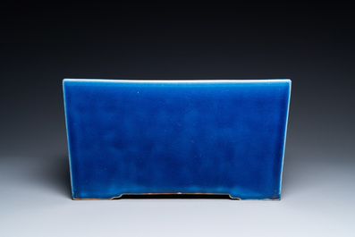 A Chinese rectangular blue-glazed jardini&egrave;re on wooden stand, 19th C.