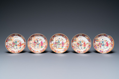 Six Chinese blue and white cups and saucers, six famille rose cups and five saucers, Kangxi/Qianlong