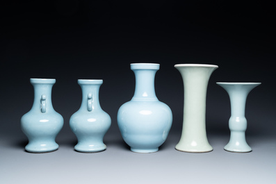 Five Chinese monochrome clair-de-lune and celadon-glazed vases, 19/20th C.
