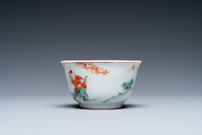 A Chinese famille verte cup and saucer, Kangxi