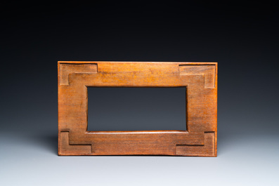 A Chinese rectangular blue-glazed jardini&egrave;re on wooden stand, 19th C.