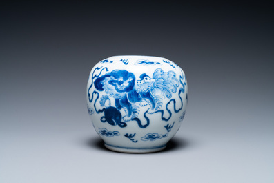 A Chinese blue and white 'Buddhist lions' brush washer, Kangxi mark, 19th C.