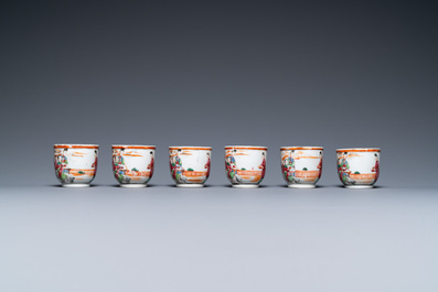 Six Chinese blue and white cups and saucers, six famille rose cups and five saucers, Kangxi/Qianlong