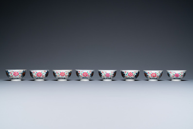 Thirteen Chinese famille rose saucers and twelve cups, Qianlong