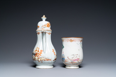 A Chinese famille rose coffee pot, a mug and an oval dish, Qianlong