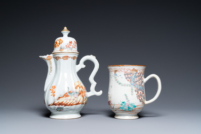 A Chinese famille rose coffee pot, a mug and an oval dish, Qianlong