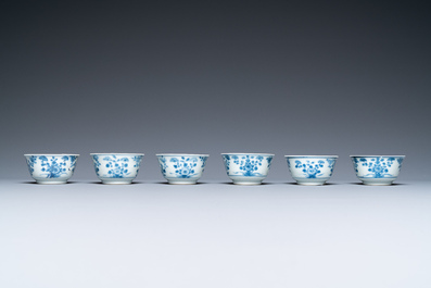 Six Chinese blue and white cups and saucers, six famille rose cups and five saucers, Kangxi/Qianlong