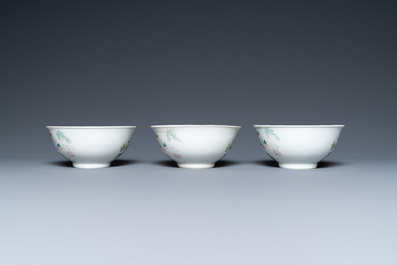 Three Chinese famille rose bowls with floral design, Hongxian mark, Republic