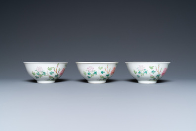 Three Chinese famille rose bowls with floral design, Hongxian mark, Republic