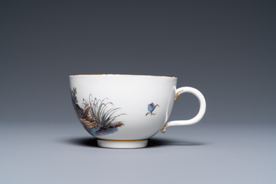 A The Hague-decorated Ansbach porcelain 'leopard and otter' cup and saucer, 18th C.