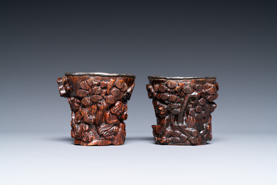 A pair of Chinese silver-lined coconut wine cups, Ming