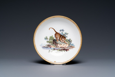 A The Hague-decorated Ansbach porcelain 'leopard and otter' cup and saucer, 18th C.