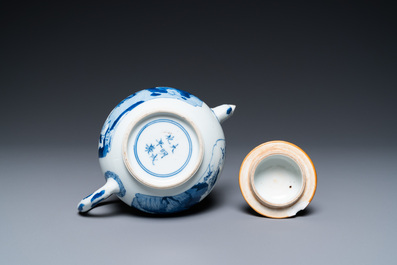 A Chinese blue and white 'landscape' teapot and cover, Chenghua mark, Kangxi