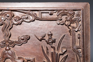 A Chinese carved wooden 'antiquities' panel, 19th C.