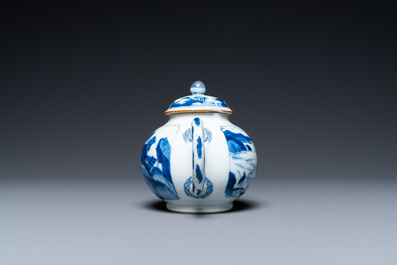 A Chinese blue and white 'landscape' teapot and cover, Chenghua mark, Kangxi
