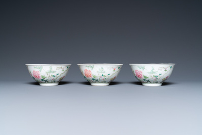 Three Chinese famille rose bowls with floral design, Hongxian mark, Republic