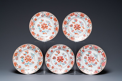 Nine Chinese famille rose plates with floral design, Qianlong