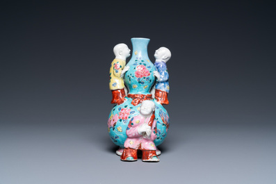 A Chinese famille rose double gourd vase with three boys, Qianlong