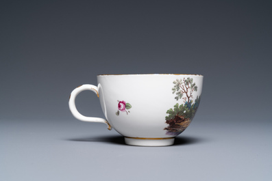 A The Hague-decorated Ansbach porcelain 'leopard and otter' cup and saucer, 18th C.