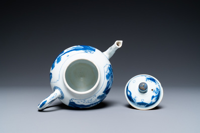 A Chinese blue and white 'landscape' teapot and cover, Chenghua mark, Kangxi