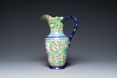 A Chinese lime-green-ground Canton enamel water jug and basin, 1st half 19th C.