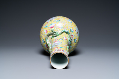 A Chinese yellow-ground famille rose bottle vase, 19th C.