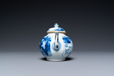A Chinese blue and white 'landscape' teapot and cover, Chenghua mark, Kangxi