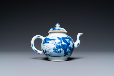 A Chinese blue and white 'landscape' teapot and cover, Chenghua mark, Kangxi