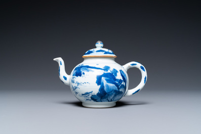 A Chinese blue and white 'landscape' teapot and cover, Chenghua mark, Kangxi