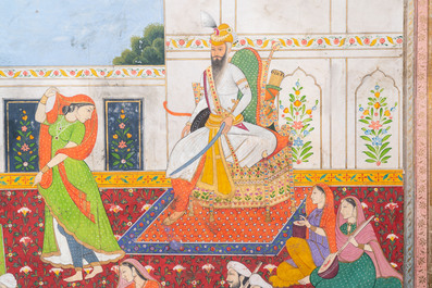 Indian school miniature: 'Audience with Maharaja Ranjit Singh', opaque pigments heightened with gold on paper, 19th C.