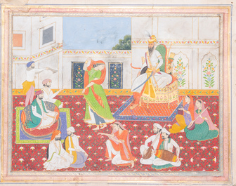 Indian school miniature: 'Audience with Maharaja Ranjit Singh', opaque pigments heightened with gold on paper, 19th C.