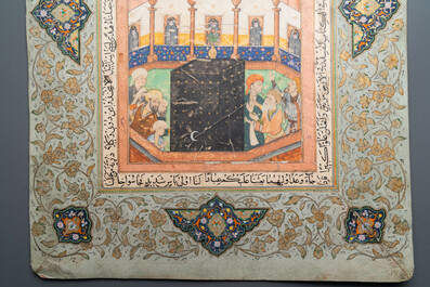 Miniature persane: 'Le proph&egrave;te sur son coursier Bouraq', gouache rehauss&eacute;e d'or sur papier, 19&egrave;me