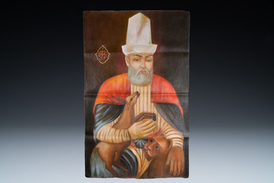 Persian school: Haji Bektash Veli with a deer and a lion, oil on canvas, 20th C.