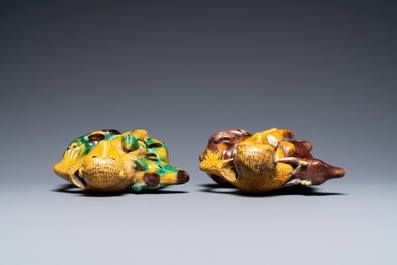 Two Chinese sancai-glazed 'monkey on deer' ewers, 19th C.