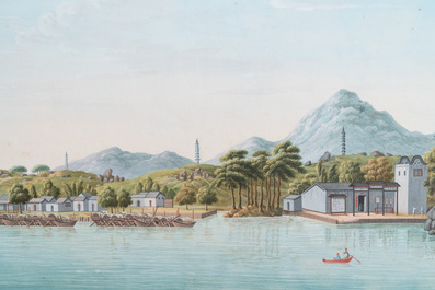 Canton school: A view on the three temples at Dali, Yunnan, watercolour on paper, 19th C.