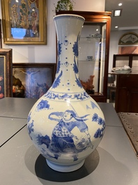 A Chinese blue and white bottle vase depicting four figures, Transitional period