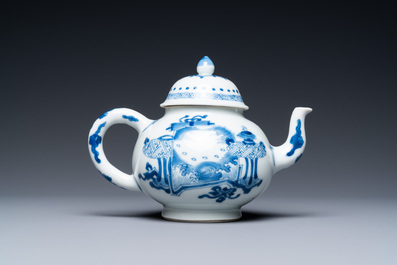 A Chinese blue and white 'antiquities' teapot, Yu mark, Kangxi