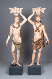 Hercule et Mercure, une paire d'importants t&eacute;lamons en bois polychrom&eacute;, Italie du Nord, 17&egrave;me