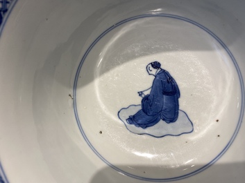 A Chinese blue and white bowl with a narrative scene, Kangxi