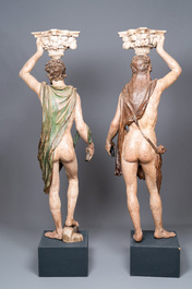 Hercule et Mercure, une paire d'importants t&eacute;lamons en bois polychrom&eacute;, Italie du Nord, 17&egrave;me
